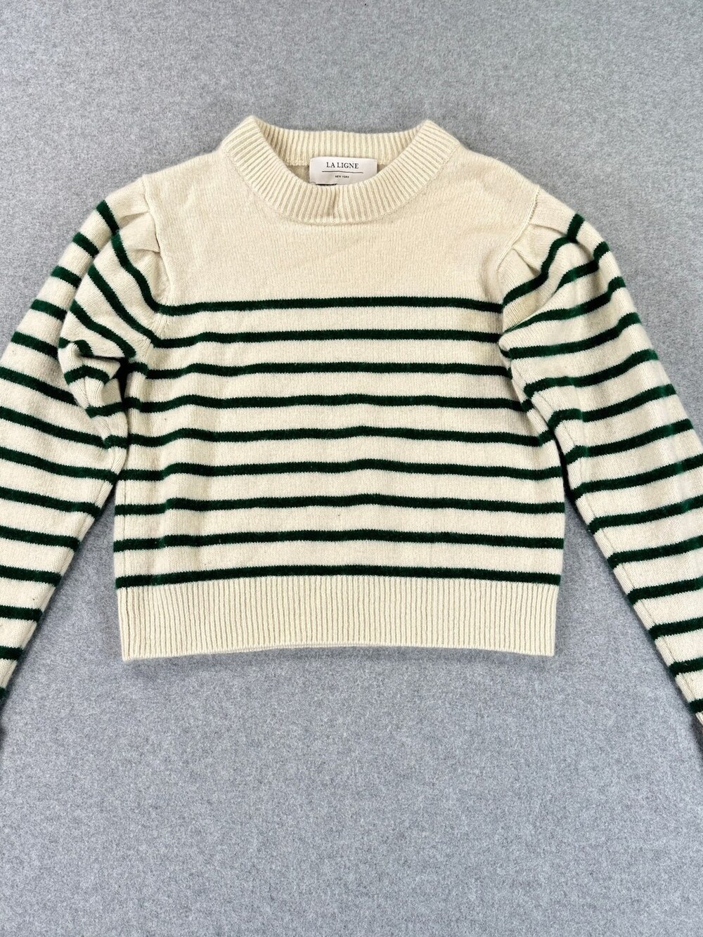 La Ligne Cashmere Sweater Crewneck Striped Ruffle Cream Green Size Medium